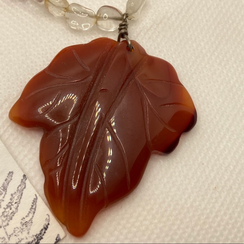 Brown Jade Leaf & Crystal Necklace – Artisan Carved, Estate Find - Picture 5 of 7